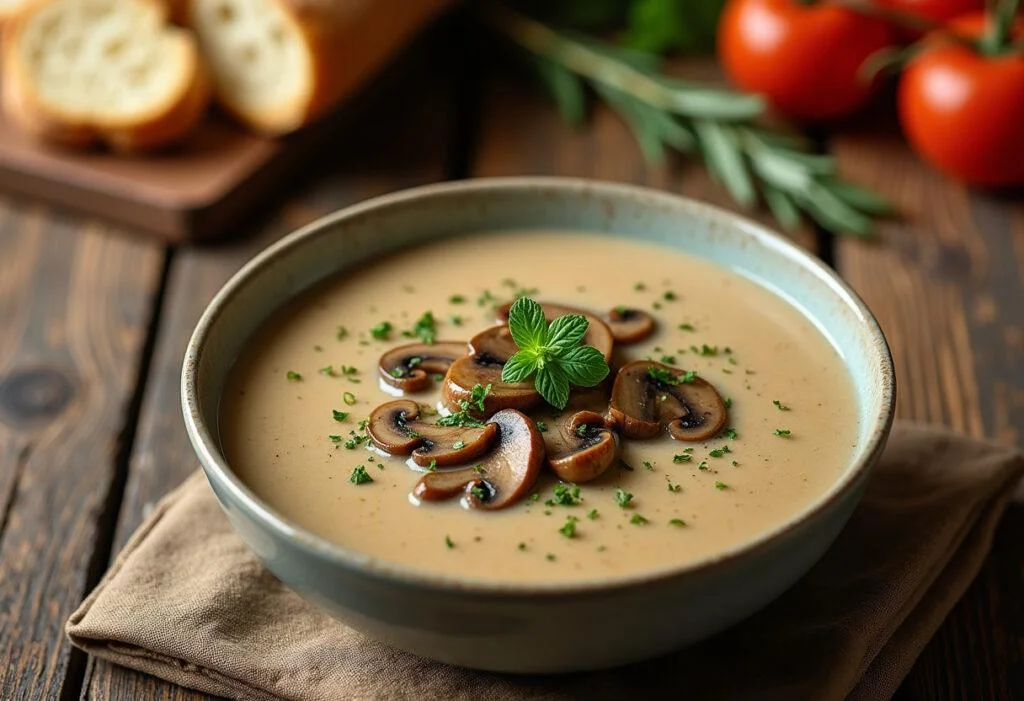 A bowl of creamy mushroom alternative soup garnished with herbs, perfect for a cozy meal, presented elegantly on a rustic table.
