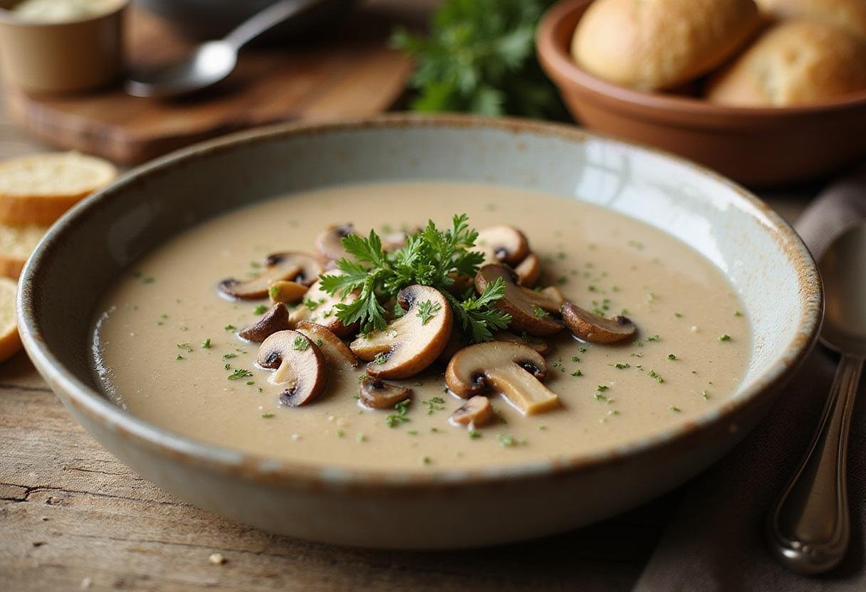 A bowl of creamy mushroom alternative soup garnished with herbs, perfect for a cozy meal, presented elegantly on a rustic table.