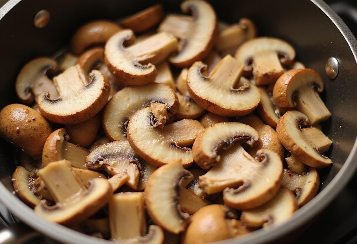 Adding sliced mushrooms for a rich and flavorful creamy mushroom alternative soup in a warm kitchen atmosphere.