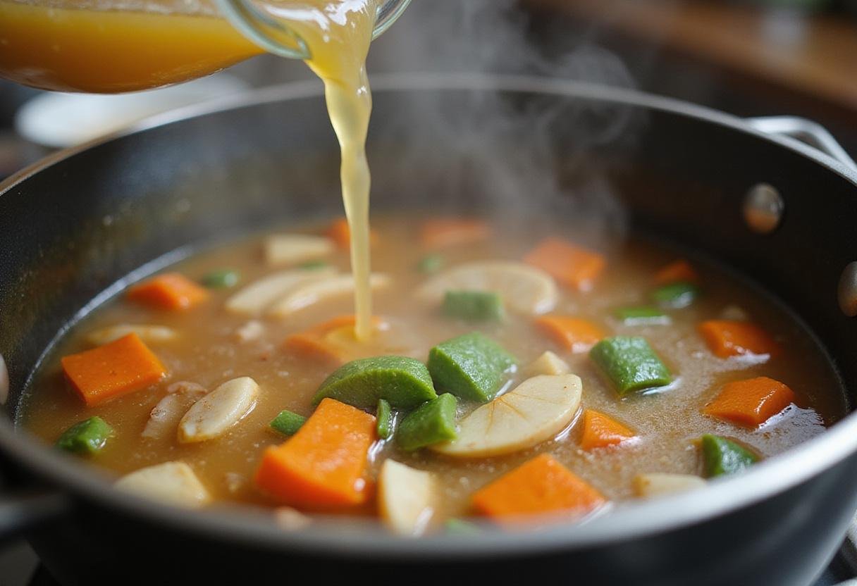 Pouring vegetable broth into the sautéed mushroom mix, preparing a delicious cream of mushroom alternative soup in a pot.