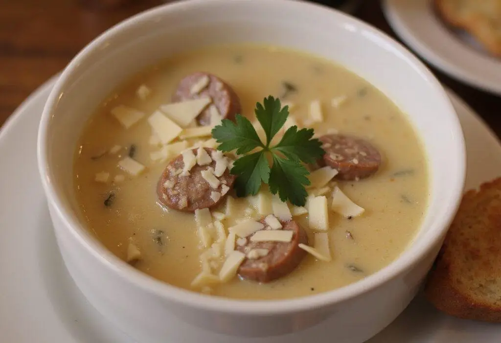 Deliciously served Creamy Sausage Parmesan Delight in a bowl, showcasing creamy Parmesan Italian sausage soup with garnish.