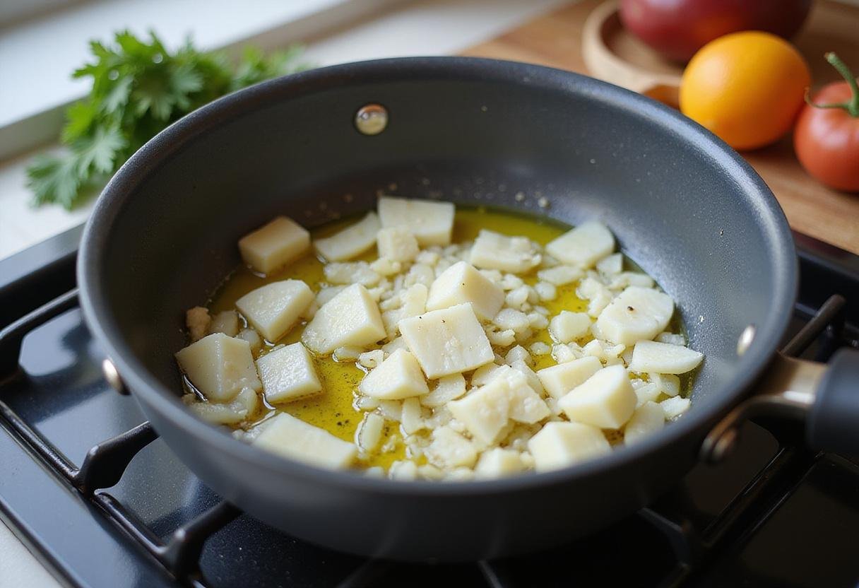 Cooking diced onion and garlic for creamy parmesan Italian sausage soup, a key step in creating a flavorful base.