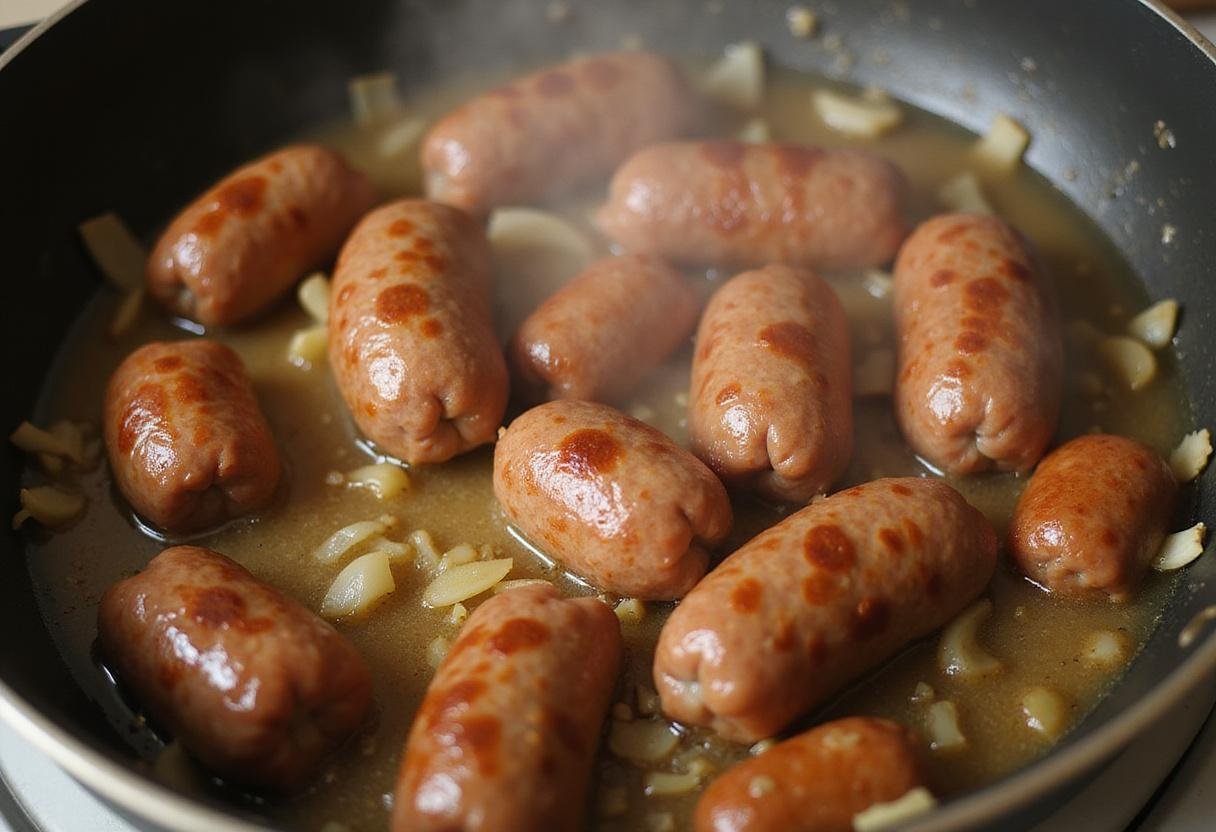 Browning Italian sausage in the pot for a creamy parmesan Italian sausage ditalini soup, enhancing the dish with rich flavors.