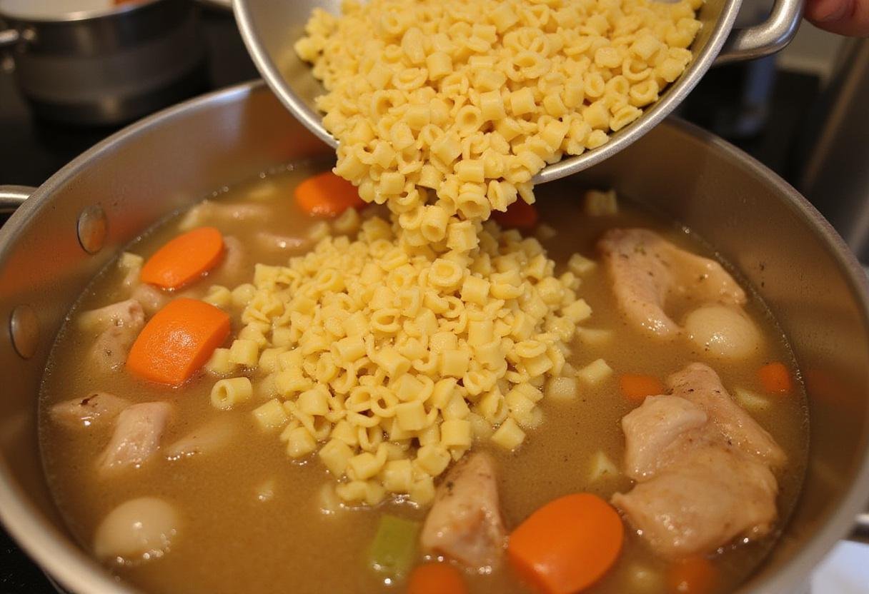 Adding ditalini pasta and chicken broth to the pot for creamy Parmesan Italian sausage delight, a comforting Italian soup.