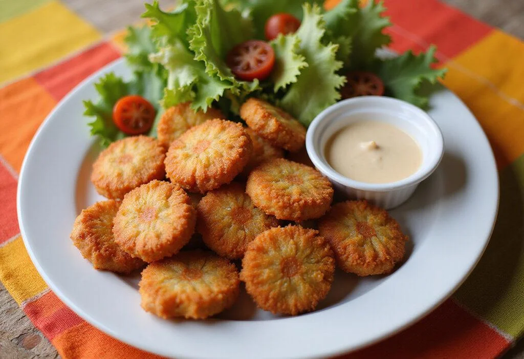 Deliciously prepared air fryer catfish nuggets presented with salad and dipping sauce, perfect for any meal.