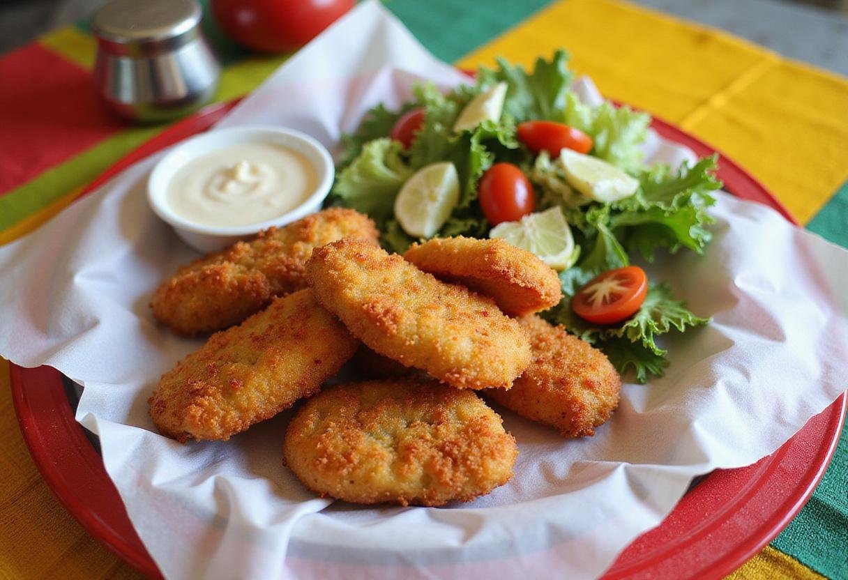 Deliciously prepared air fryer catfish nuggets presented with salad and dipping sauce, perfect for any meal.