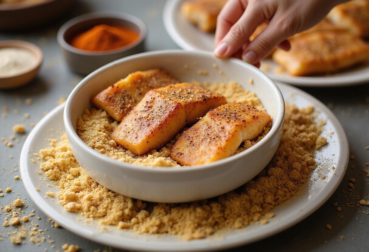 Preparing air fryer catfish nuggets with seasoned catfish fillets being coated in breadcrumbs and cornmeal.