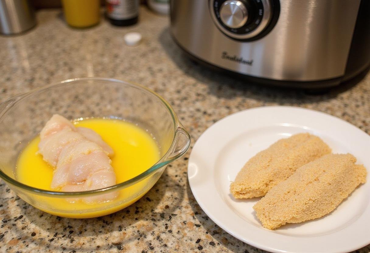 Coating air fryer catfish with egg wash and breadcrumbs in preparation for frying.