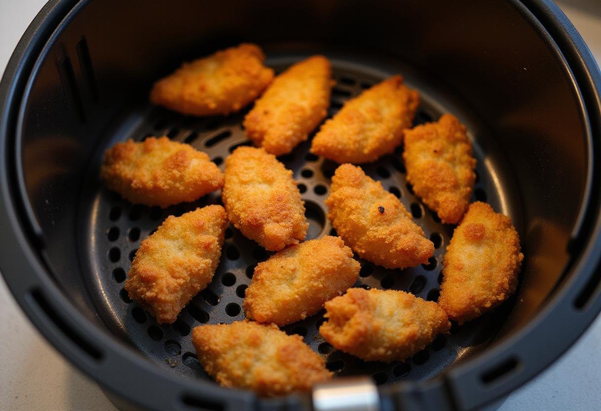 Air fryer basket filled with seasoned catfish nuggets ready for frying, illustrating the air frying technique.