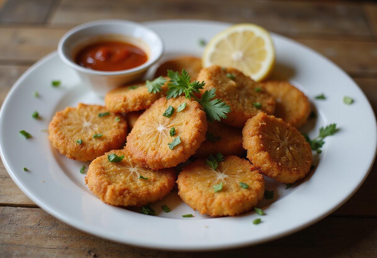 Plated crispy air fryer catfish nuggets garnished with herbs and lemon, ready to serve.