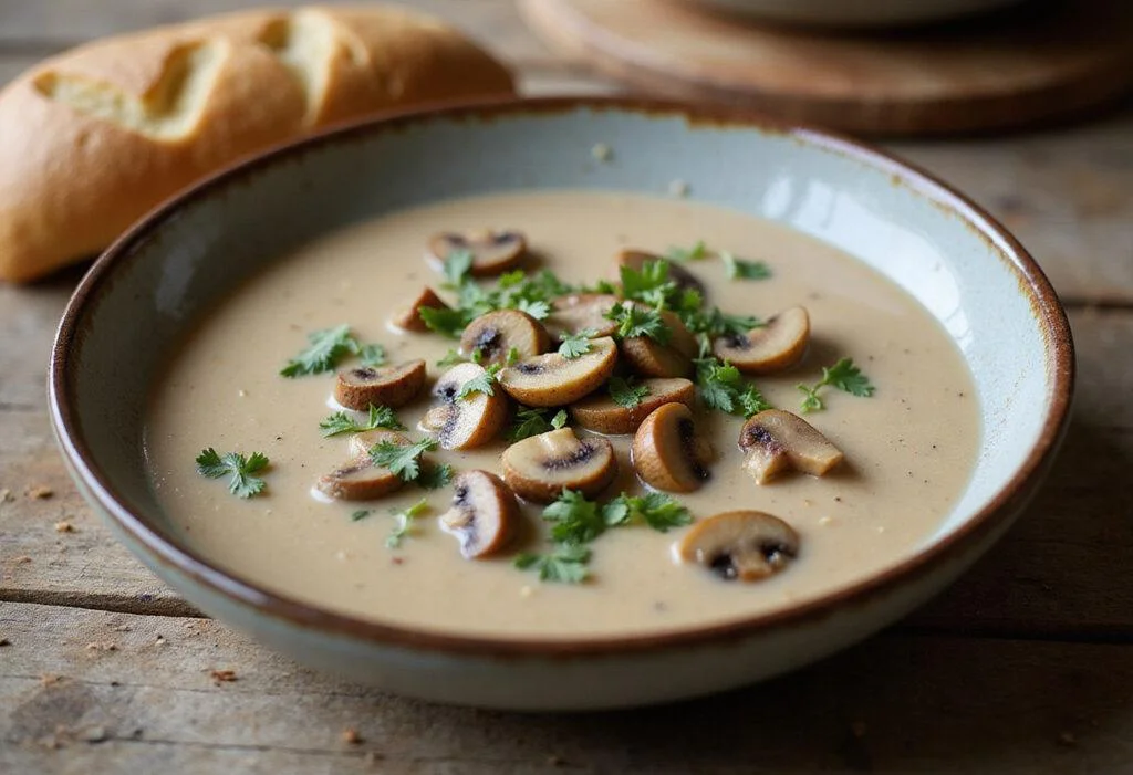 Delicious bowl of dairy-free creamy mushroom soup garnished with herbs, showcasing the final result of the recipe.