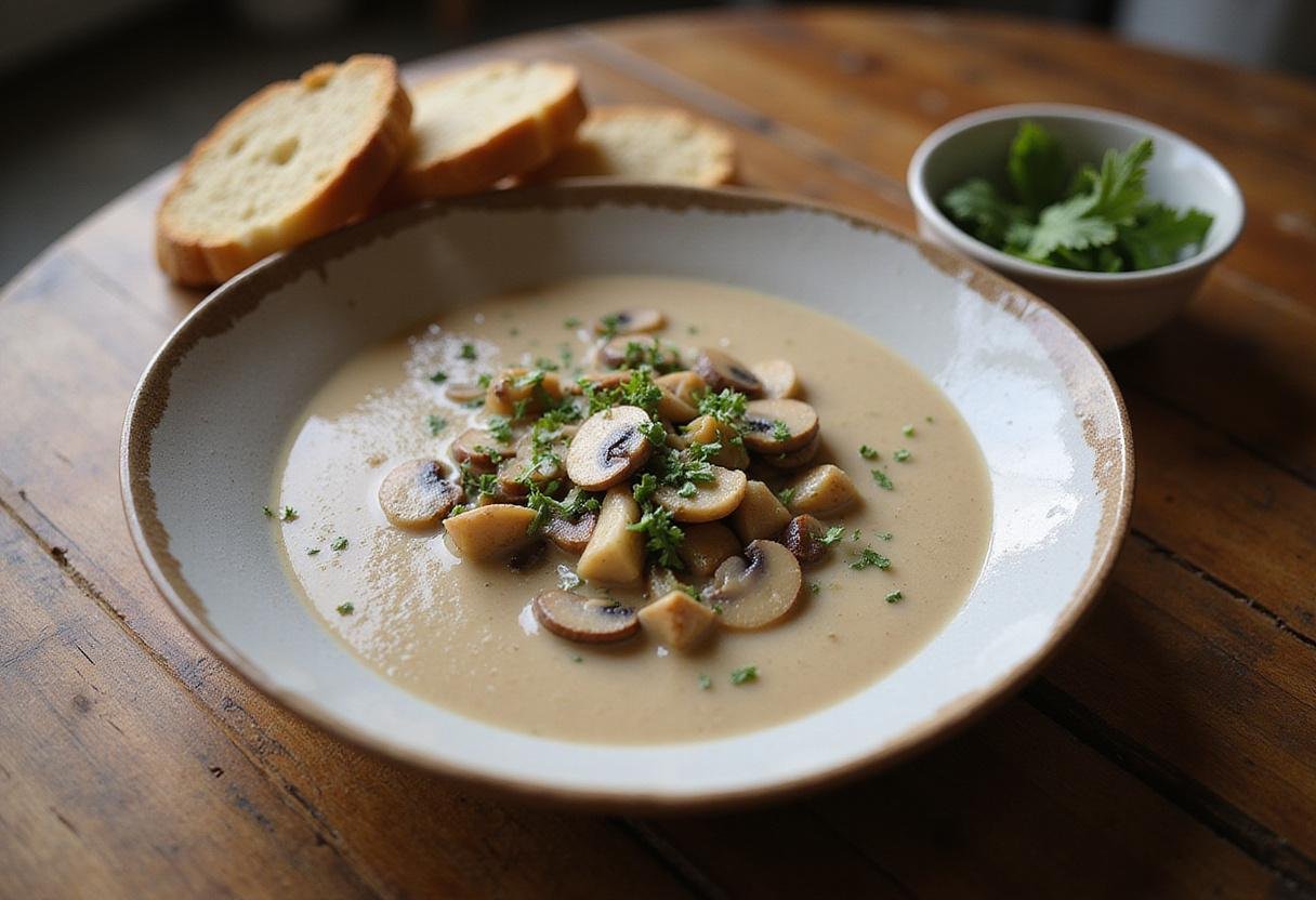 Delicious bowl of dairy-free creamy mushroom soup garnished with herbs, showcasing the final result of the recipe.