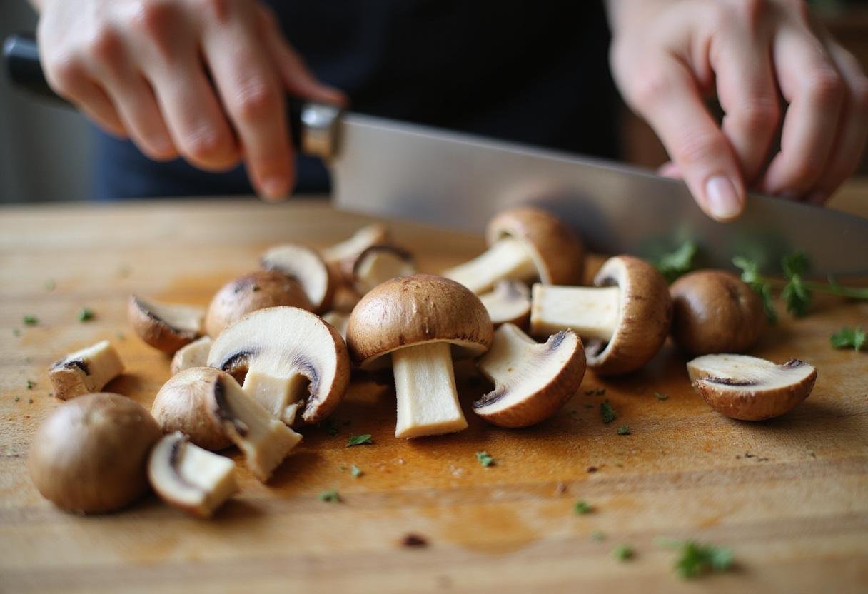 Fresh sliced mushrooms for dairy-free cream of mushroom soup with herbs on a wooden cutting board.