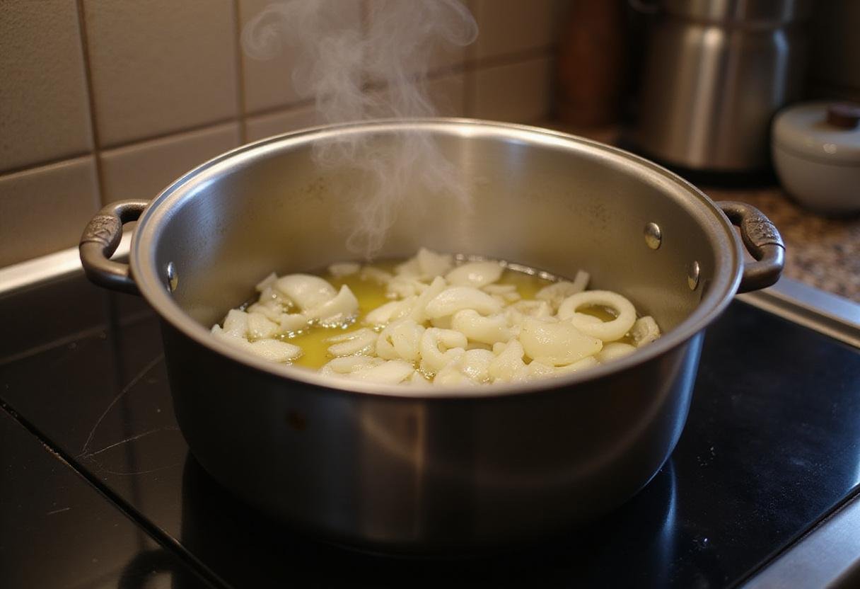Onions and garlic sautéing in olive oil for creamy dairy-free mushroom soup in a warm kitchen.