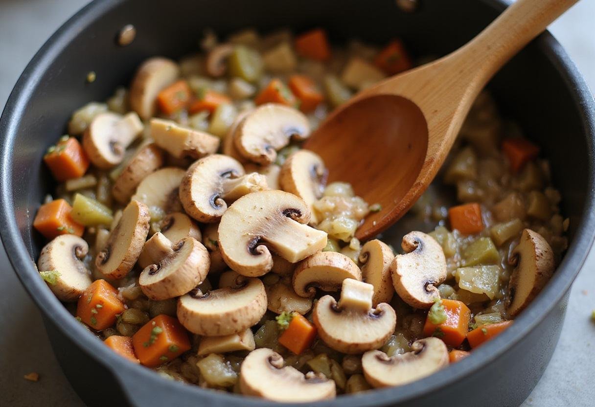 Sliced mushrooms being mixed into a pot for creamy dairy-free mushroom soup, enhancing flavors and texture.