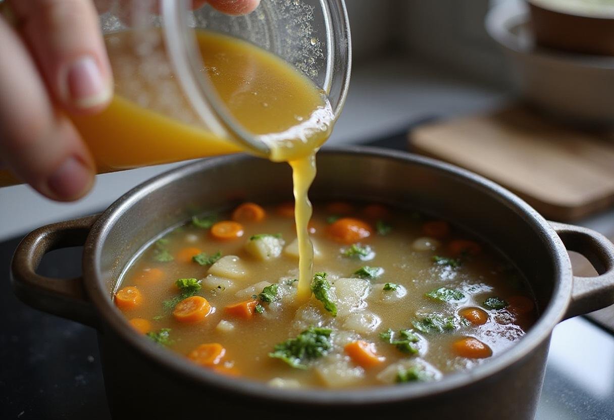 Adding vegetable broth to the mushroom soup mixture, preparing a flavorful dairy-free cream of mushroom soup.