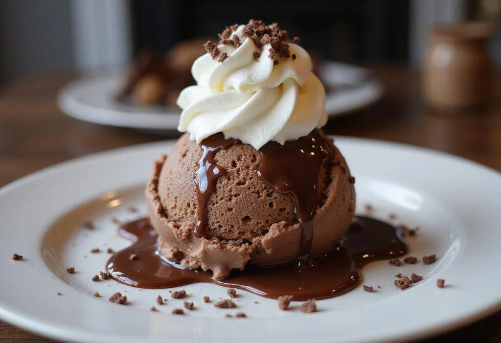 Indulging in death by chocolate ice cream; visually appealing final presentation of a rich chocolate dessert.