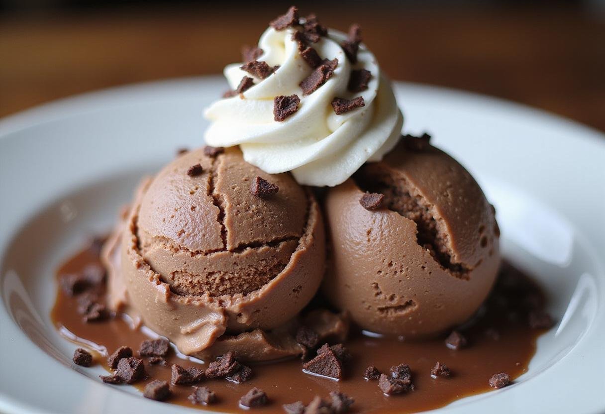 Indulging in death by chocolate ice cream; visually appealing final presentation of a rich chocolate dessert.