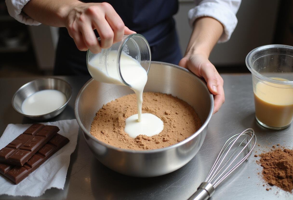Preparing the base for death by chocolate ice cream with cream and milk; gourmet dessert ingredients on display.