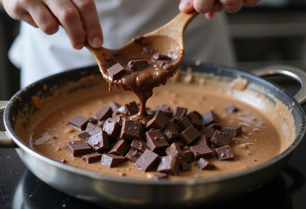 Melting dark chocolate for death by chocolate ice cream; cooking process showcased for a delicious ice cream treat.