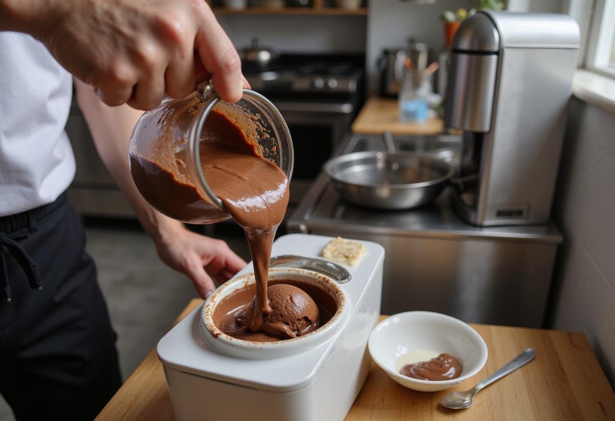Using an ice cream maker to create death by chocolate ice cream; mixing chocolatey goodness for a decadent ingredient blend.