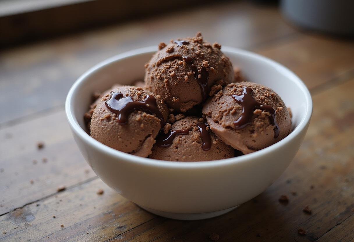 Serving delicious death by chocolate ice cream in a bowl with toppings; enticing presentation of a rich dessert.
