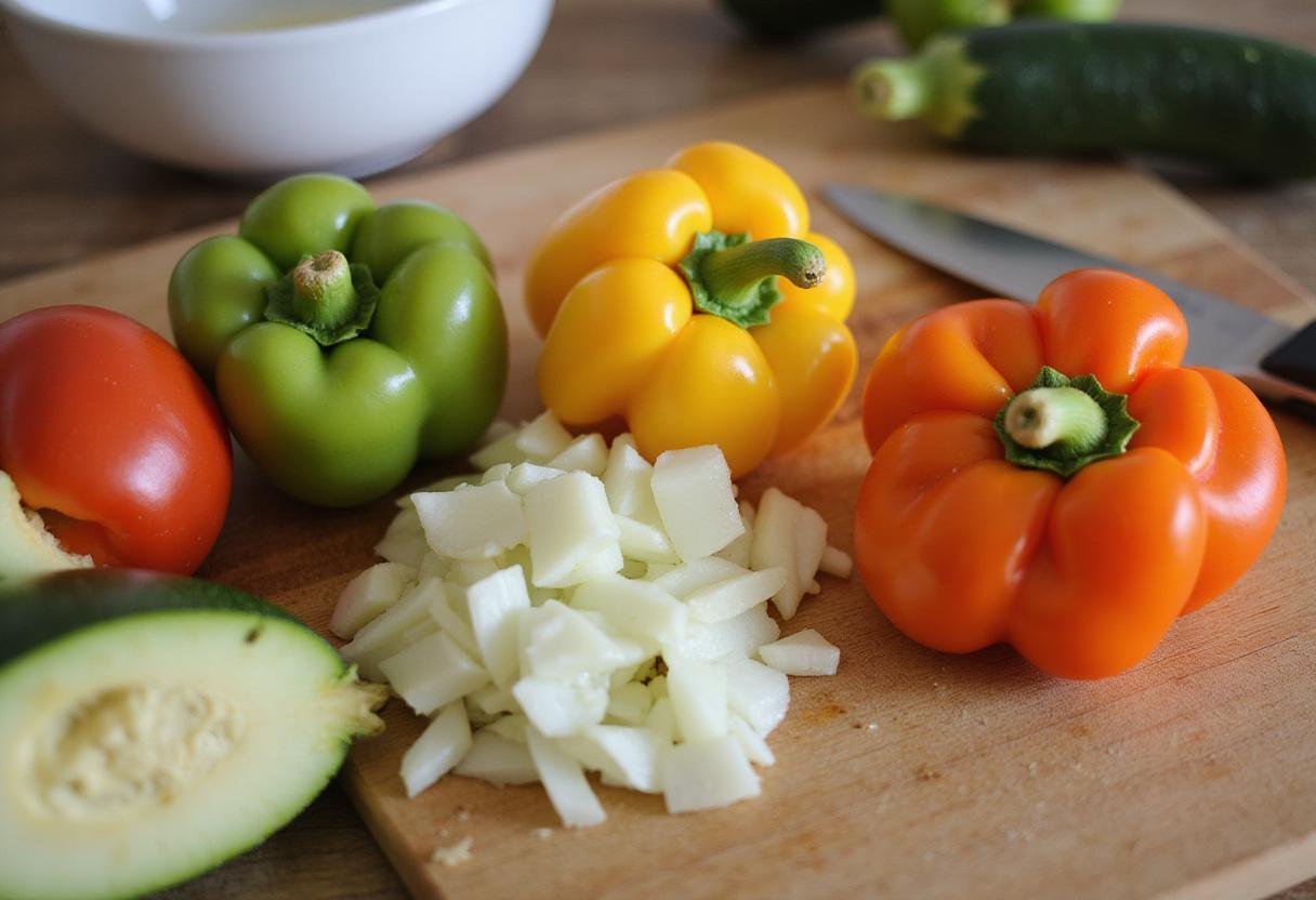 Chopping fresh vegetables for diabetic slow cooker recipes, showcasing healthy ingredients in meal prep.