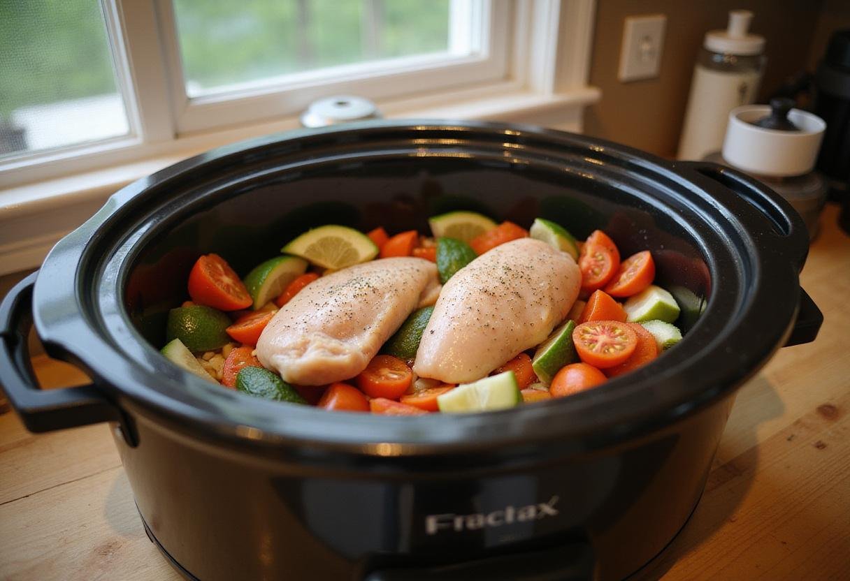 Preparing a diabetic-friendly slow cooker meal with chicken and vegetables, highlighting healthy cooking methods.