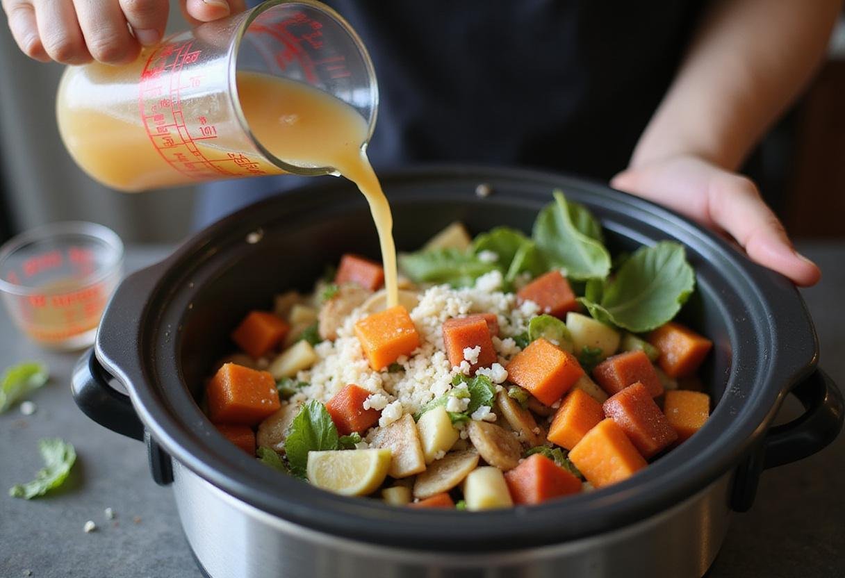 Adding low-sodium broth to diabetic-friendly slow cooker meals, promoting nutritious cooking without excess sodium.
