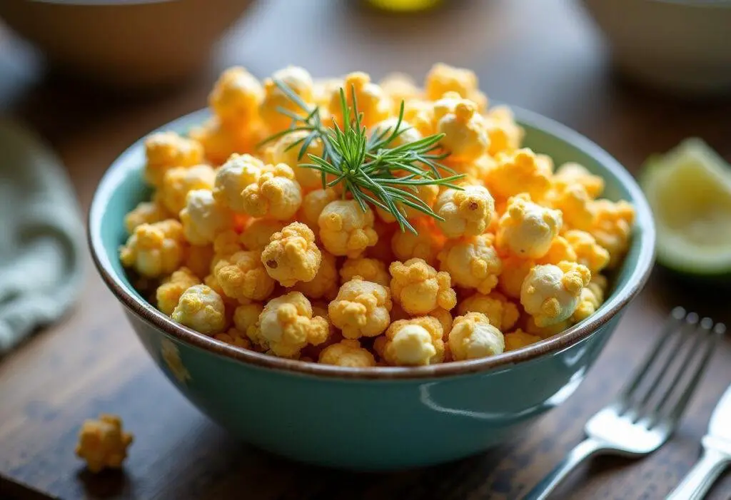 Final presentation of a bowl of dill pickle popcorn garnished with fresh dill, showcasing the delightful snack.