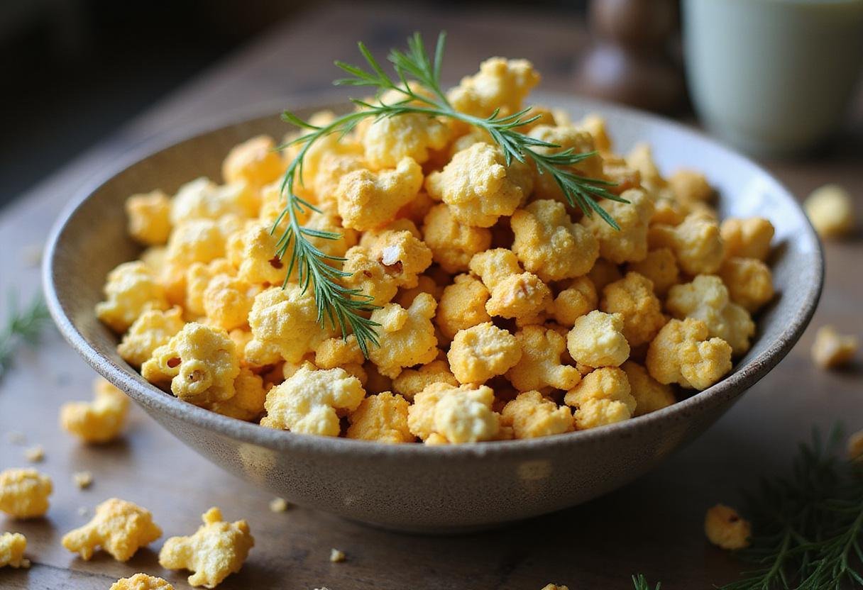 Final presentation of a bowl of dill pickle popcorn garnished with fresh dill, showcasing the delightful snack.