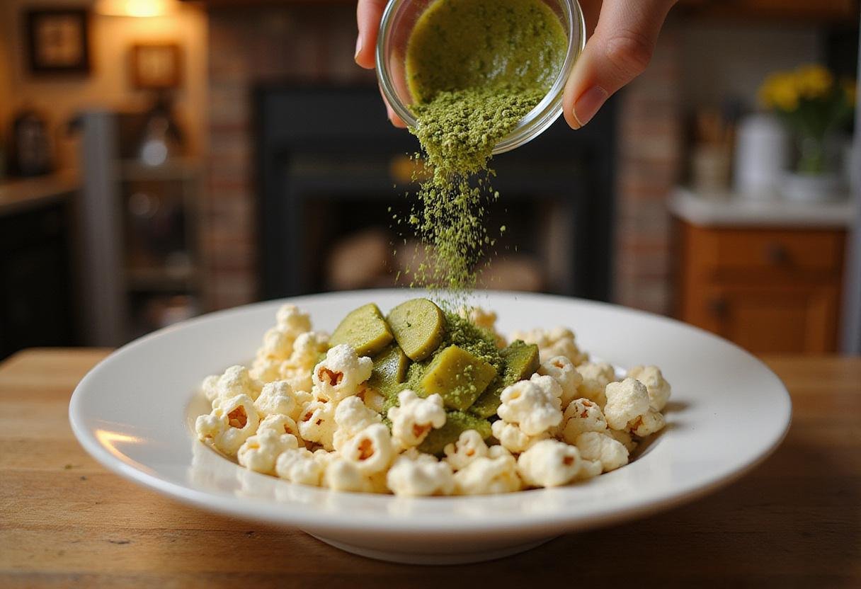 Dill pickle seasoning sprinkled over freshly popped dill pickle popcorn in a cozy kitchen setting.