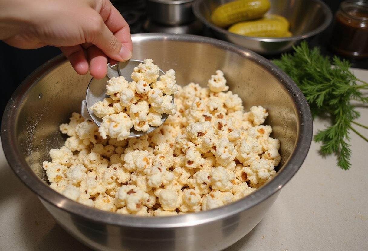 A large mixing bowl of dill pickle popcorn being prepared, surrounded by fresh dill and pickles.