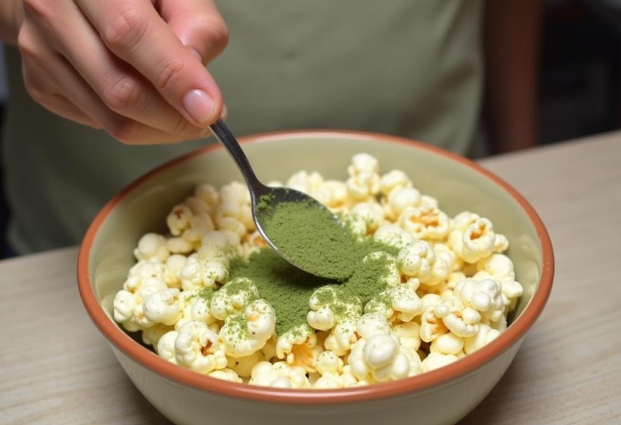 Tossing dill pickle seasoned popcorn with a spoon in a mixing bowl, showcasing the colorful seasoning.
