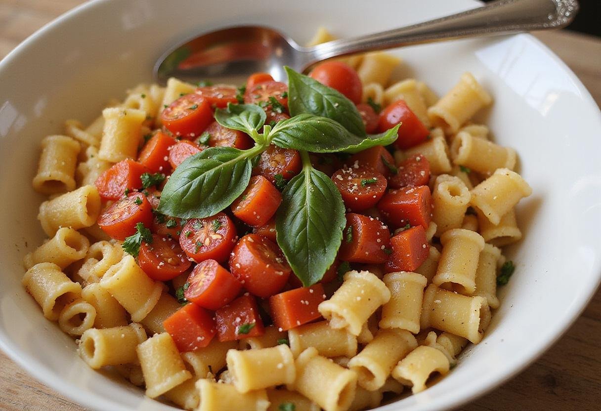Mixing fresh ingredients for a delicious ditalini recipe, featuring ditalini pasta with tomatoes and basil in a mixing bowl.