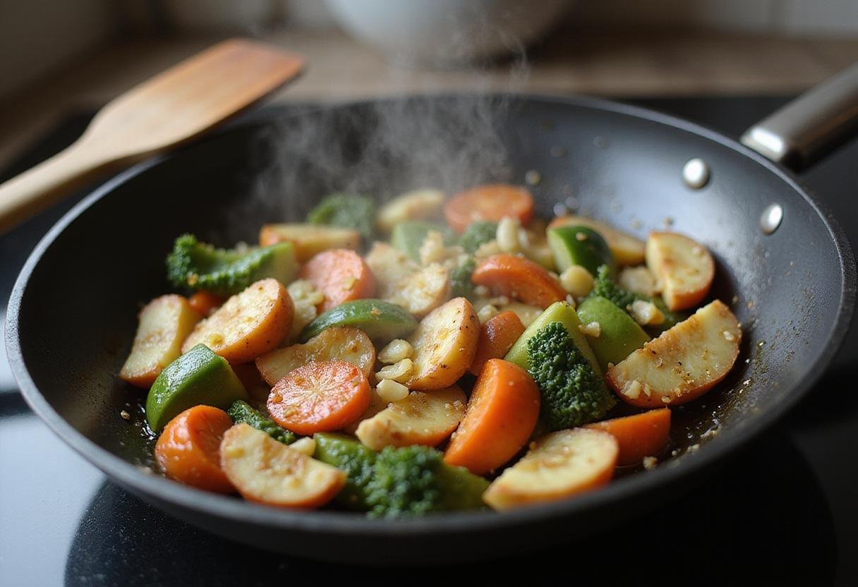 Sautéing garlic and vegetables in olive oil for a vibrant ditalini recipe, adding flavor to the pasta dish.