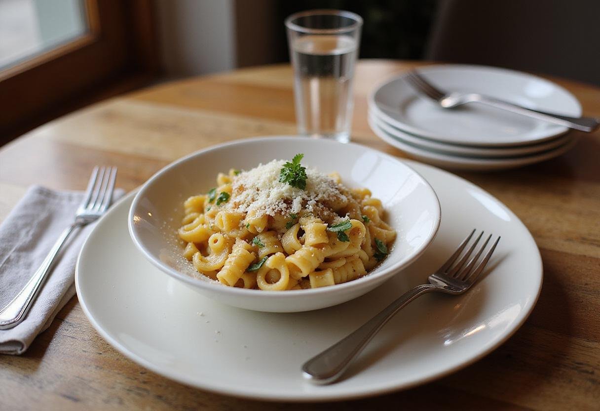 Enjoying a comforting bowl of ditalini pasta adorned with parmesan and herbs, a delightful treat from ditalini recipes.