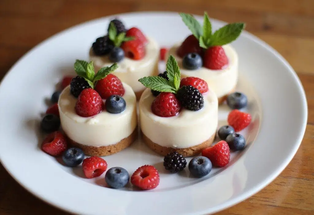Final presentation of dream cream dessert cups topped with berries and mint on a rustic wooden table.
