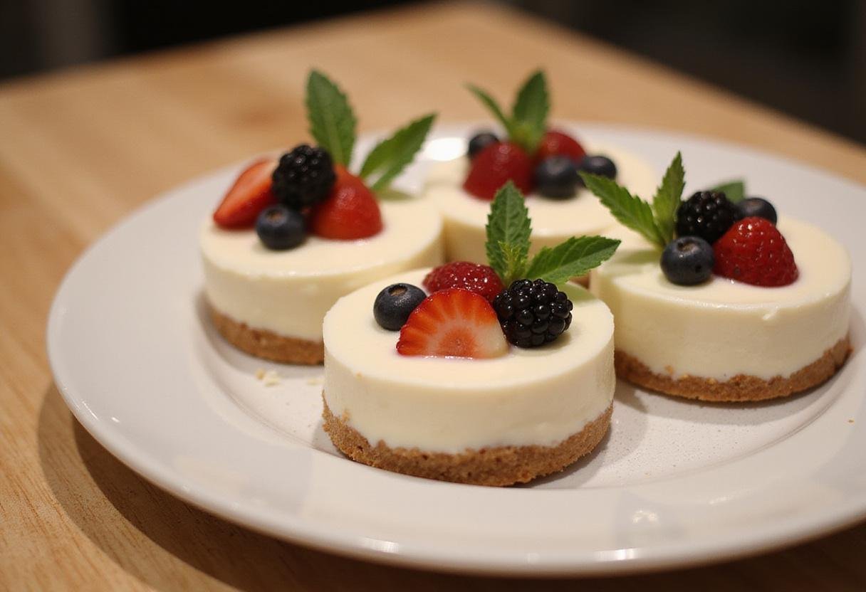 Final presentation of dream cream dessert cups topped with berries and mint on a rustic wooden table.