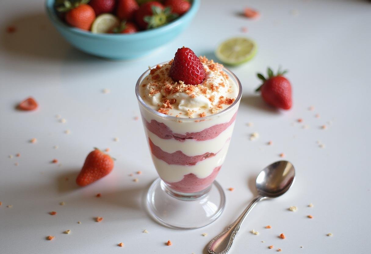 A stunning display of Dreamy Frozen Yogurt Paradise in a tall glass, featuring an assortment of colorful toppings for a delightful dessert experience.