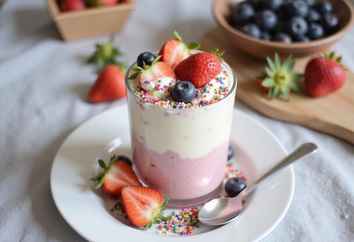 A stunning display of Dreamy Frozen Yogurt Paradise in a tall glass, featuring an assortment of colorful toppings for a delightful dessert experience.