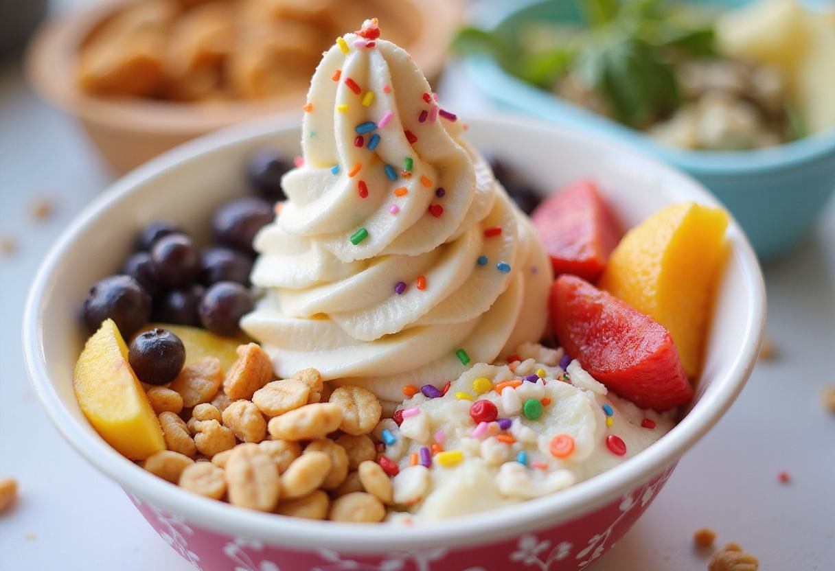 Adding vibrant toppings to creamy frozen yogurt, ready for serving as part of a Dreamy Frozen Yogurt Paradise.