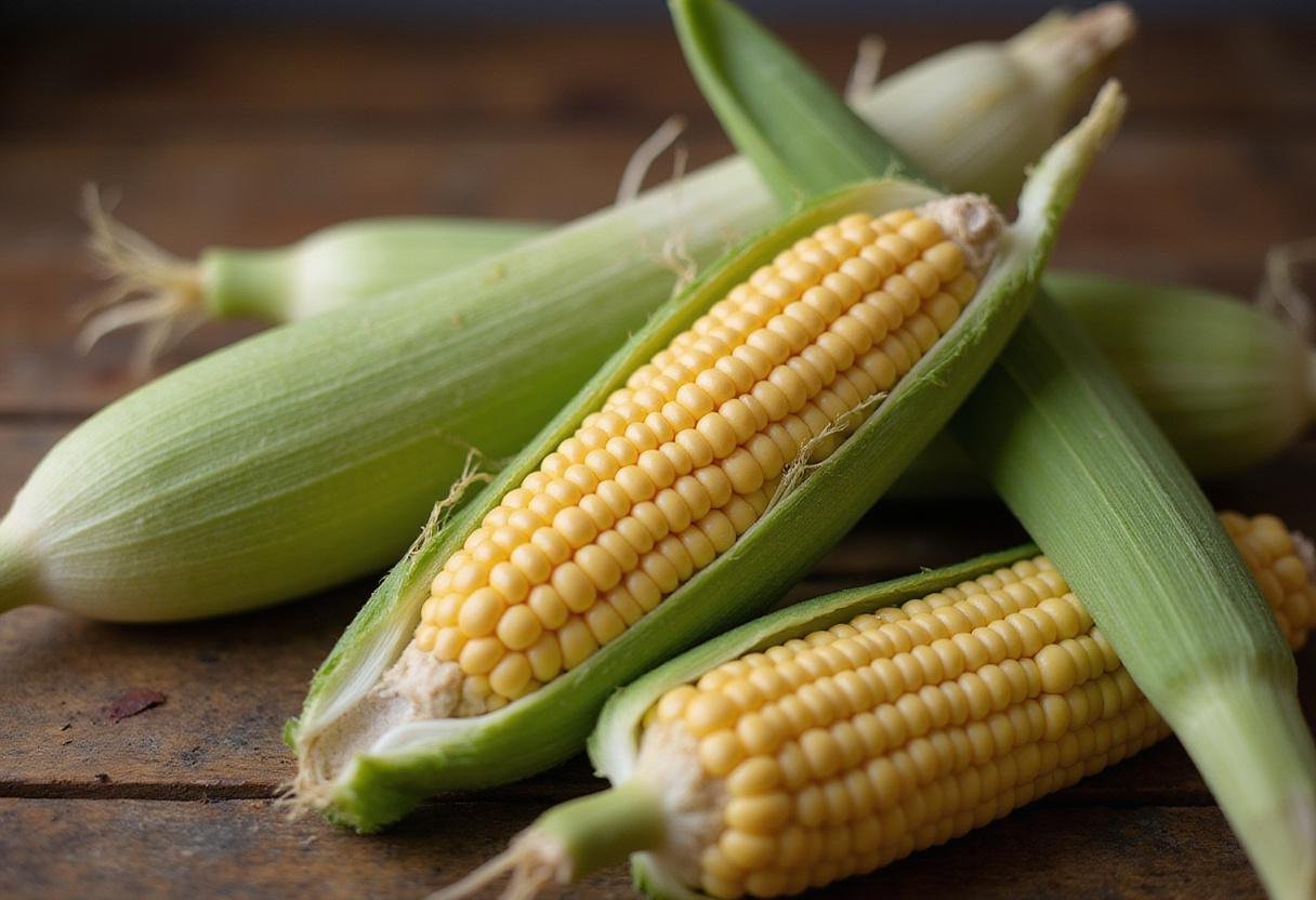 Fresh corn shucked for freezing, sweet corn preparation process, vibrant golden kernels with green husks.