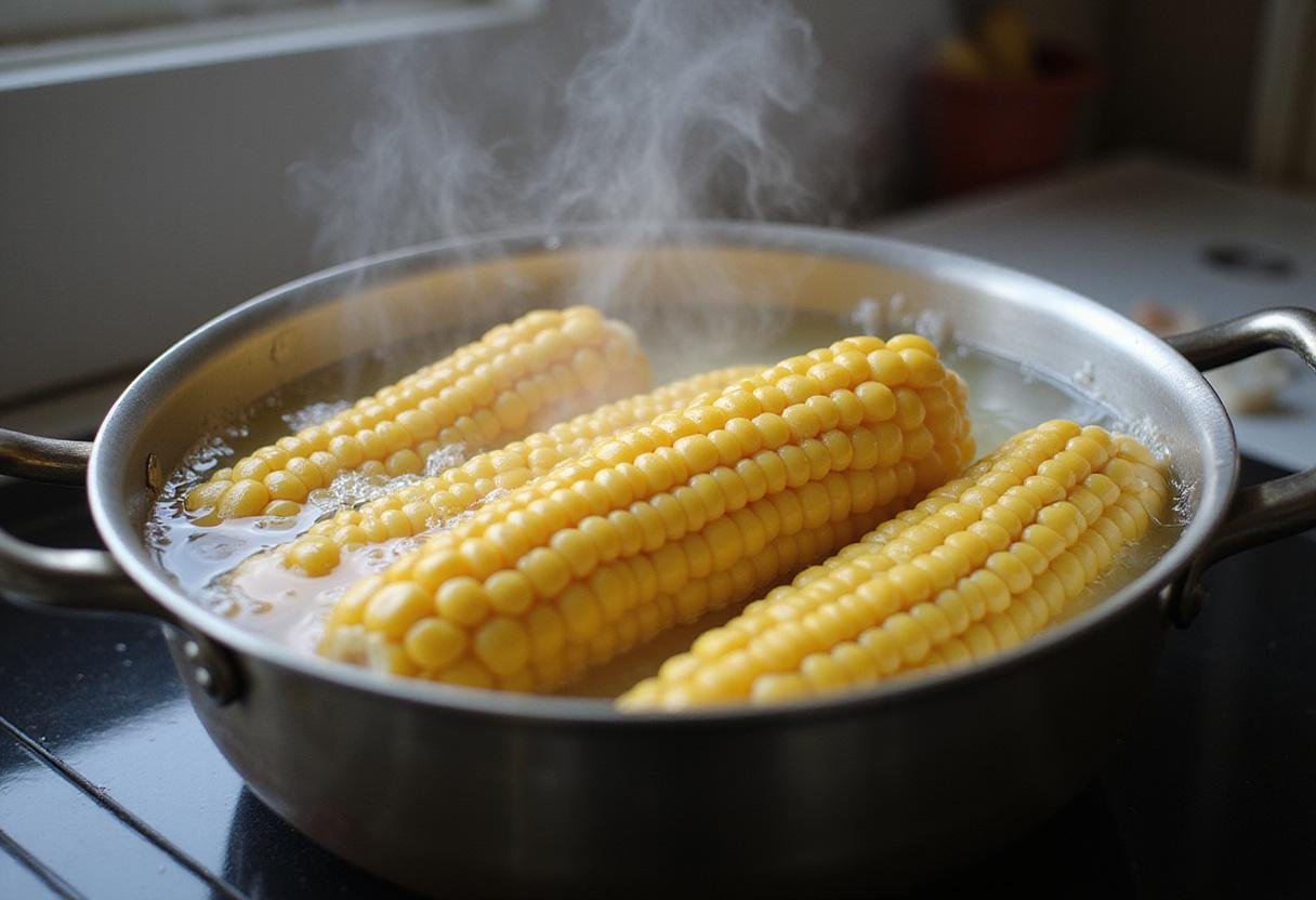 Boiling water for blanching sweet corn, preparing to freeze corn, the cooking process in a home kitchen.