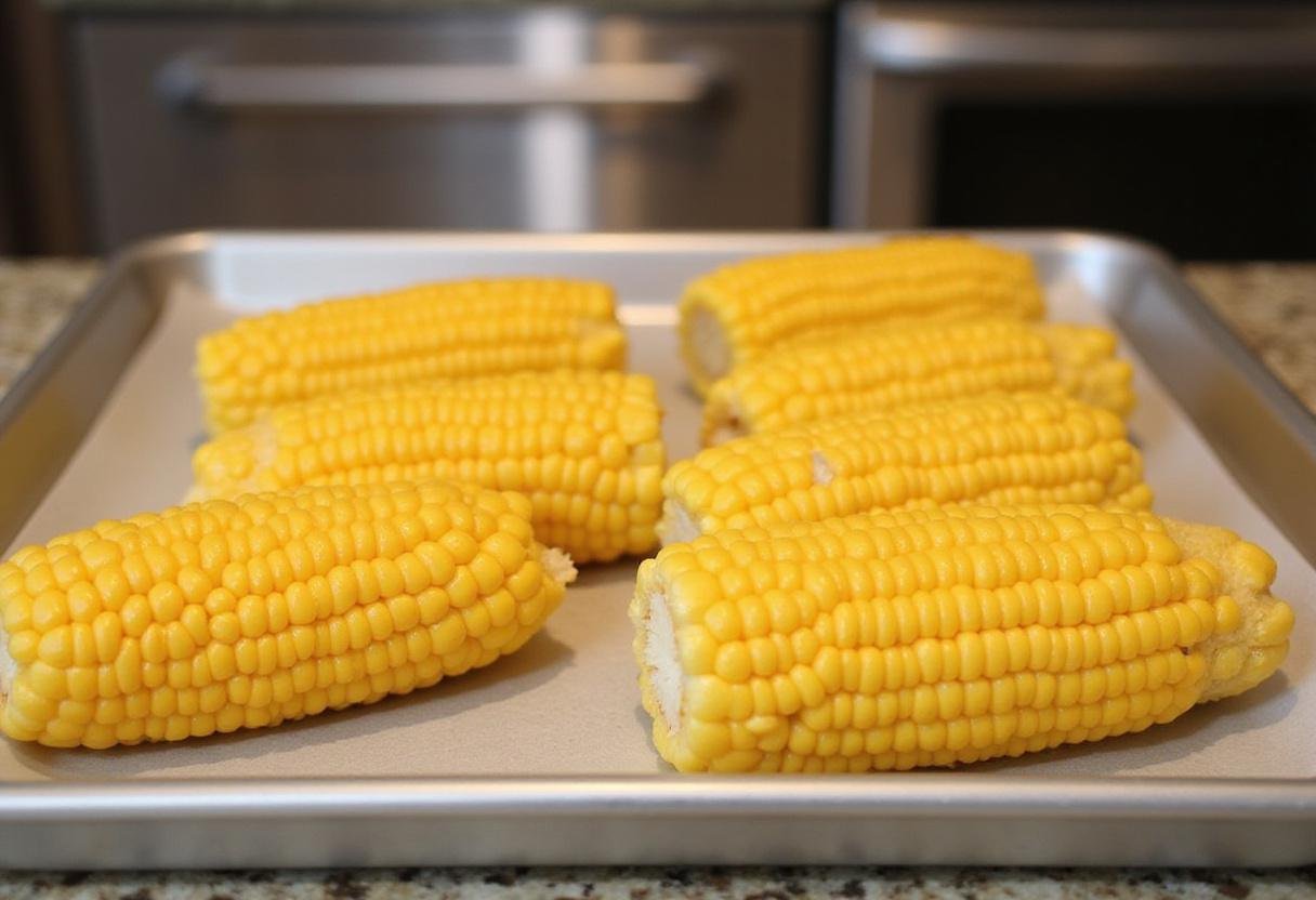 Preparing sweet corn for freezing, corn kernels on a baking sheet for easy storage, preserving summer flavors.