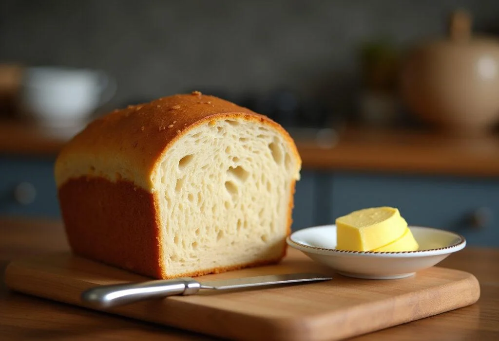 Perfectly sliced homemade bread from easy bread machine recipes displayed on a cutting board, ready to be served with butter.