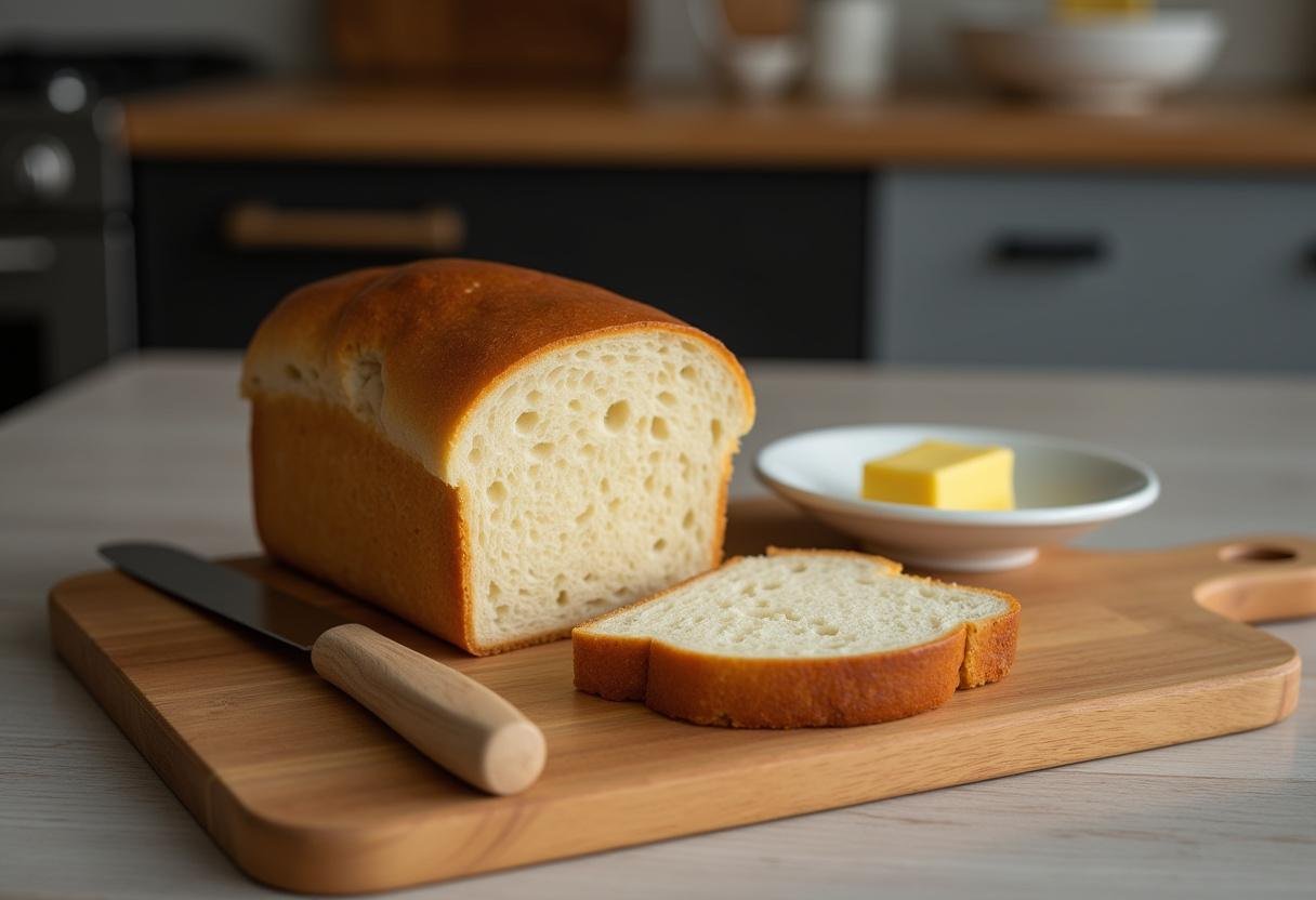 Perfectly sliced homemade bread from easy bread machine recipes displayed on a cutting board, ready to be served with butter.