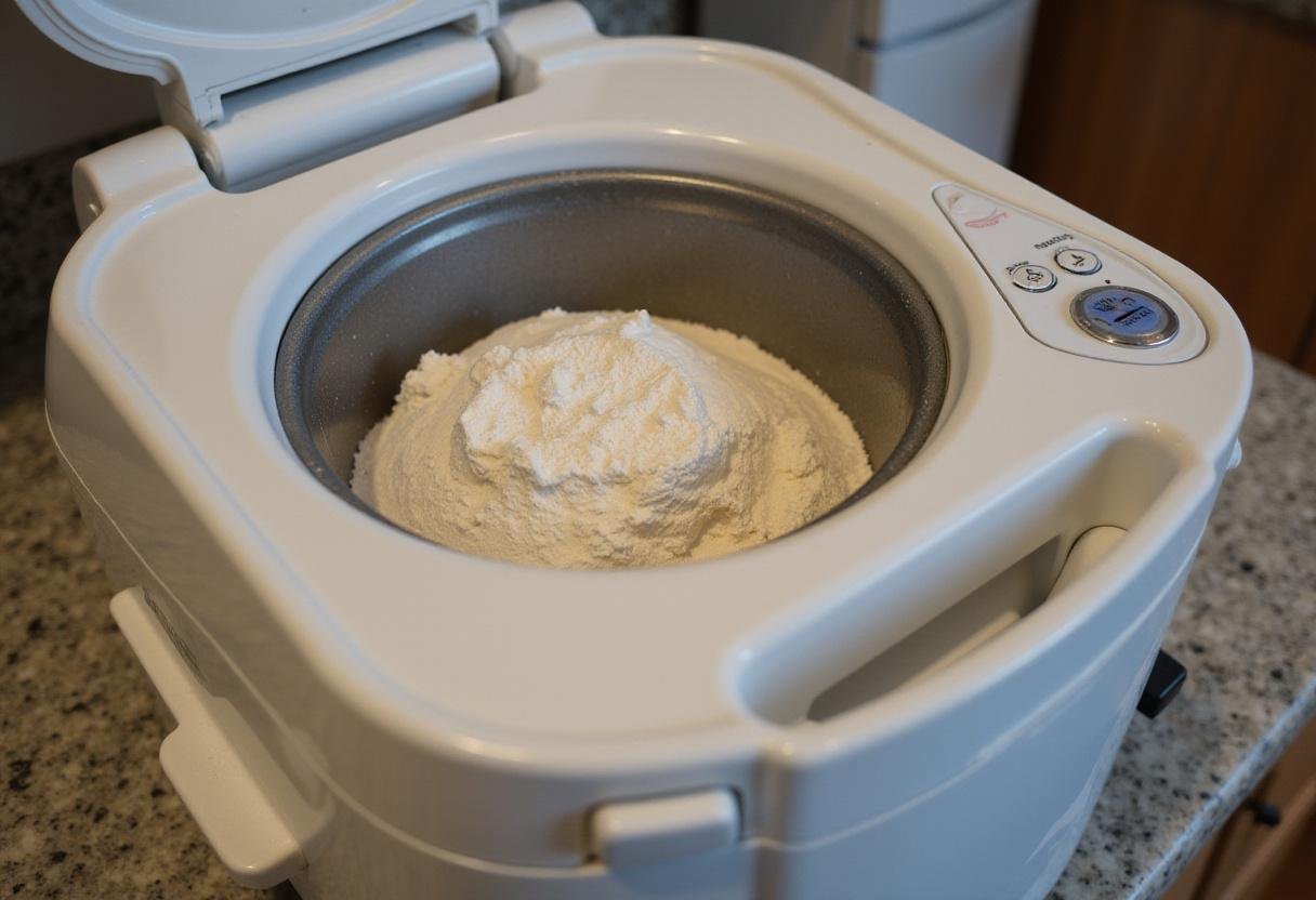 Ingredients for easy bread machine recipes including flour, sugar, and yeast, organized on a countertop ready for baking.