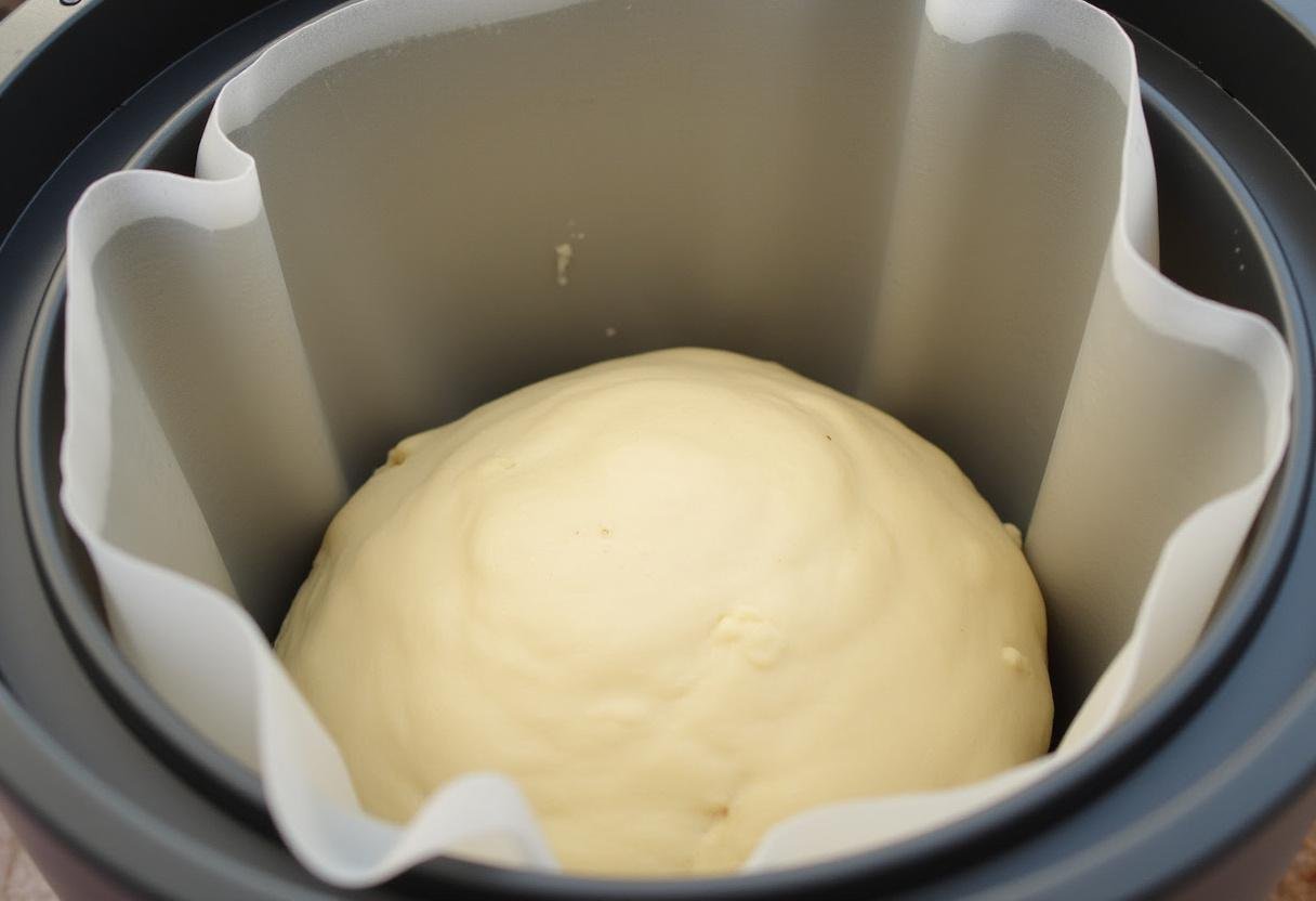 Dough mixing inside a bread machine, illustrating the process of making bread recipes with a convenient appliance.