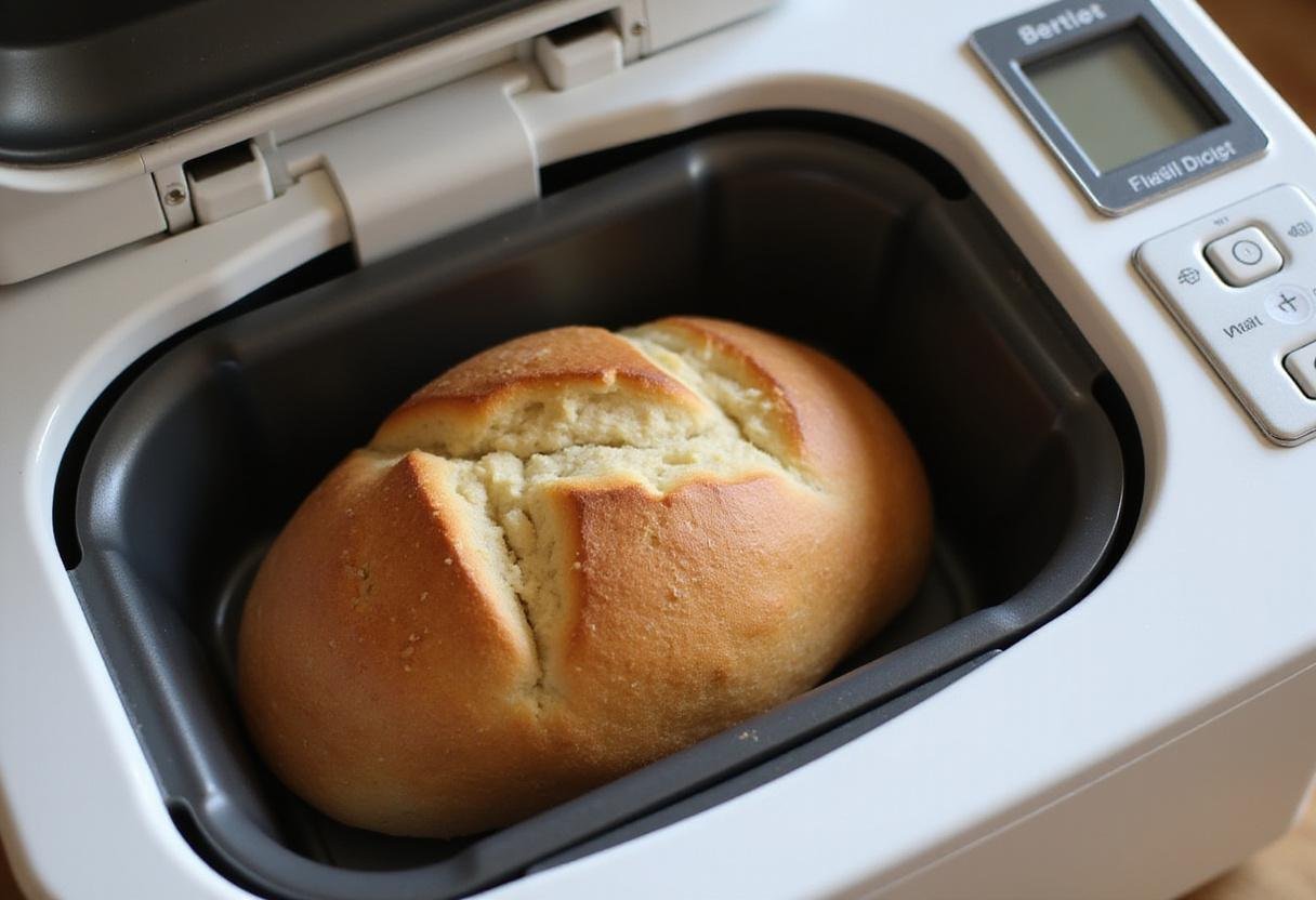 Freshly baked bread inside a bread machine, showcasing the culmination of easy bread machine recipes with a warm, golden loaf.